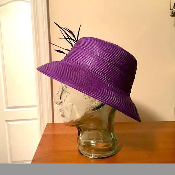 August Purple medium down-turn brim  hat with flowers & feather details on top main image 5